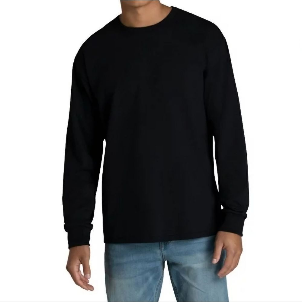 Fruit of the Loom Men's Black Crewneck Long Sleeve Pullover Tee